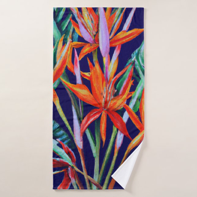 Heliconia sur bleu Tropical (Serviette de bain)