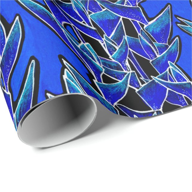 Heliconia Tropical Botanical Floral Muster Blau Geschenkpapier (Rolleneckpunkt)