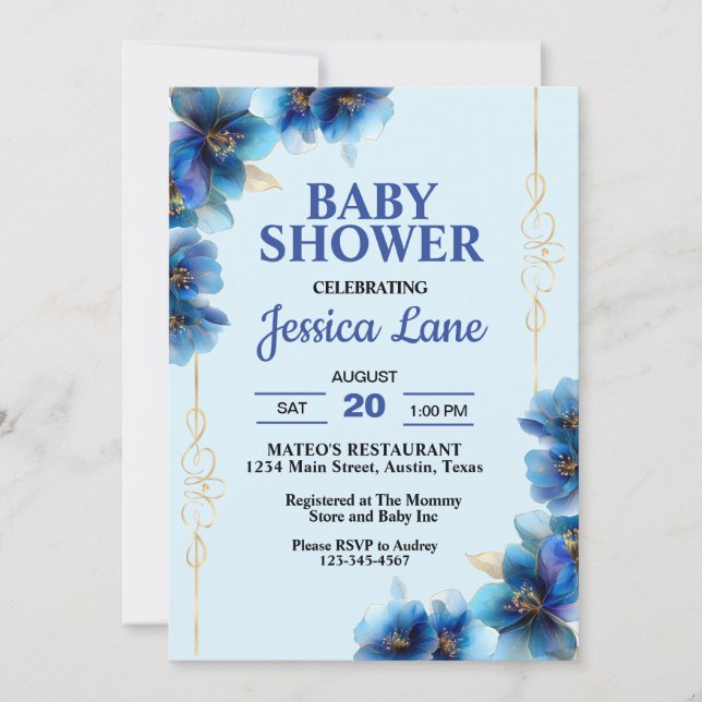 Hell Blue Flowers Boy Baby Dusche Einladung (Vorderseite)