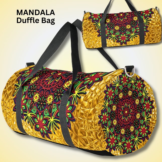 Hell farbenfroh Mandala Red Green auf Gold Duffle Bag (Von Creator hochgeladen)