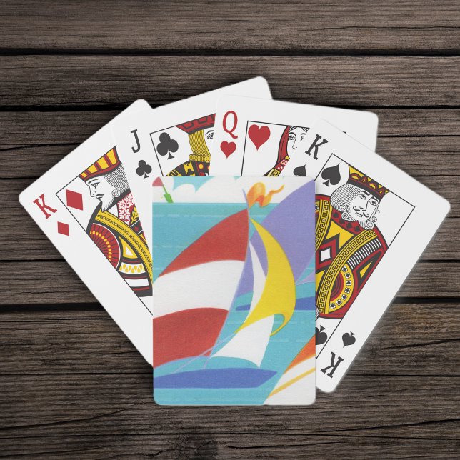 Hell farbige abstrakte Segelboote im See Spielkarten (Colourful abstract sailboats in blue lake on deck of playing cards.)