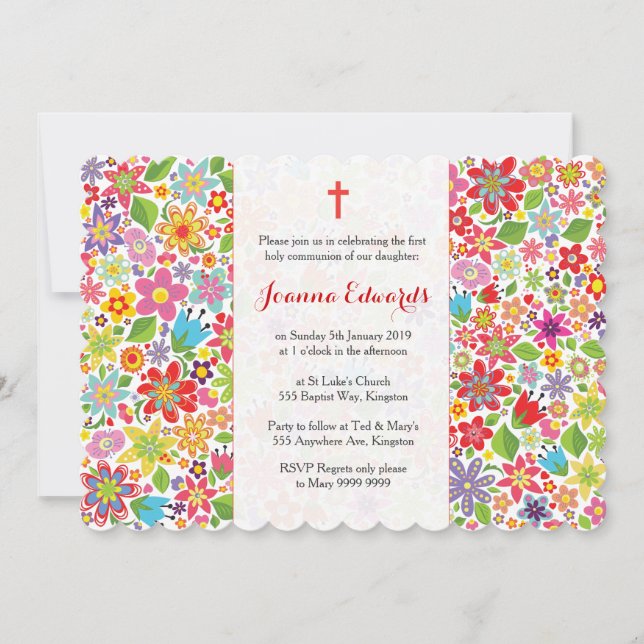 Hell Floral Erste Kommune Personalisierte Einladun Einladung (Vorderseite)