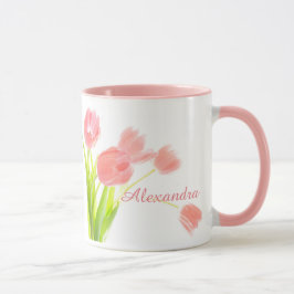 Hell, frisch, rosa Tulip Bouquet mit weißem Namen Tasse