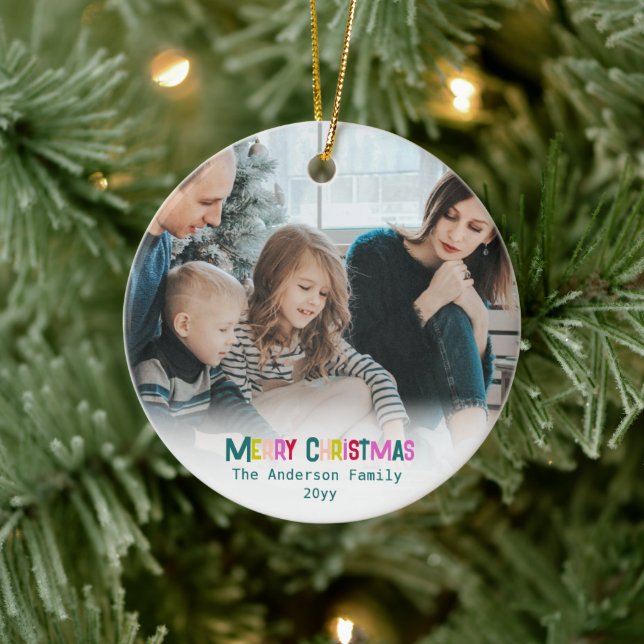 Hell & fröhlich frohe Weihnachten Foto Pine Green Keramik Ornament (Baum)