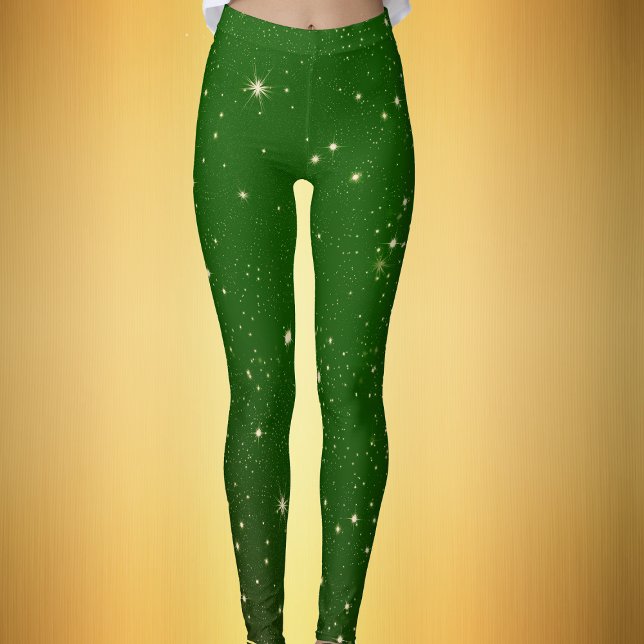 Hell Golden Twinkle Stars Dunkle grüne Chrismtas Leggings (Dark green womans leggings with gold sparkle like twinkle stars for Christmas season.)