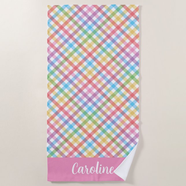 Hell Multi Color Gingham Personalisiert Strandtuch (Vorderseite)