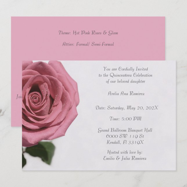 Hell Pink Rose Quinceañera Einladung (Vorne/Hinten)