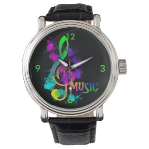 Hell Rainbow Treble Clef Music Paint Spritzer Armbanduhr