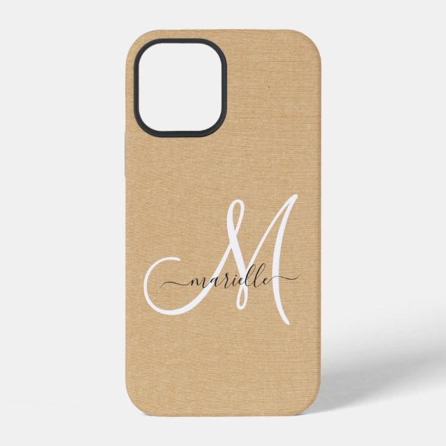 Hell stroh Leinen Monogramm   iPhone 12 Hülle (Rückseite)
