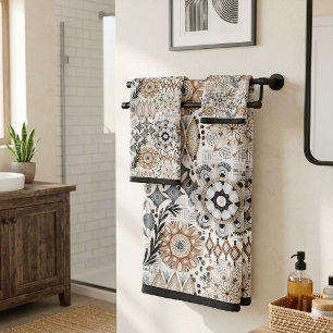 Hell Terrakotta Grau Botanisches Muster Badhandtuch Set