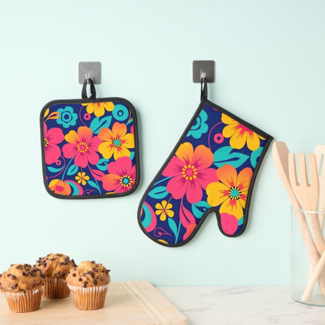 Hell und kühl Retro-Blume im Dopaminstil Ofenhandschuh & Topflappen-Set (Insitu (Hängend))