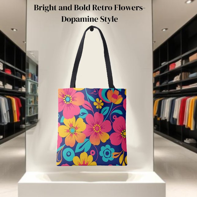 Hell und kühl Retro-Blume im Dopaminstil Tasche (Bright and Bold Retro Flowers-Dopamine Style Tote Bag)