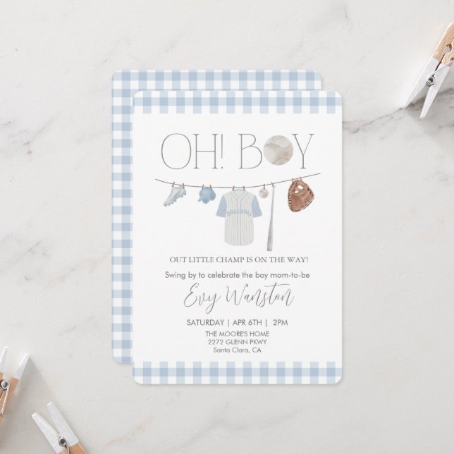 hellblau Baseball Oh, Baby Dusche Einladung (Vorderseite/Rückseite Beispiel)