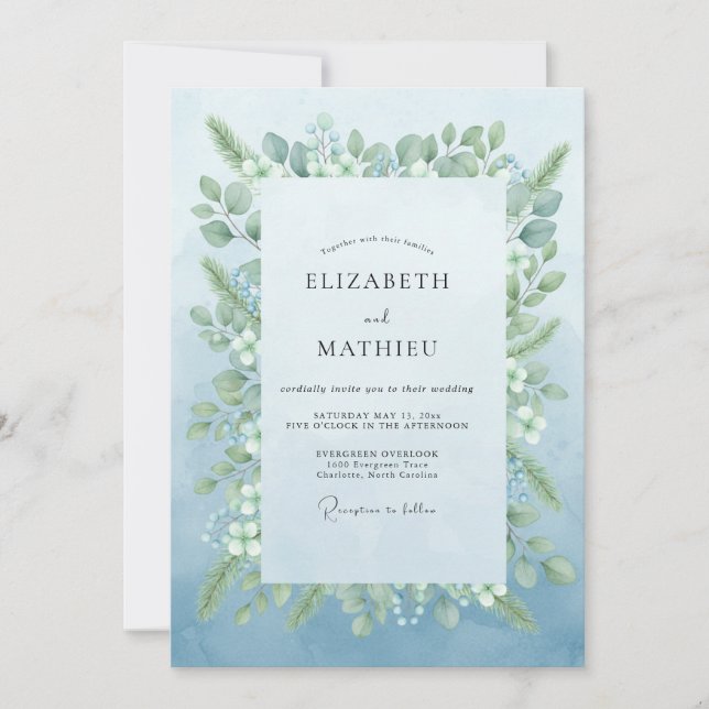 Hellblau Botanische Romantische Hochzeit Einladung (Vorderseite)
