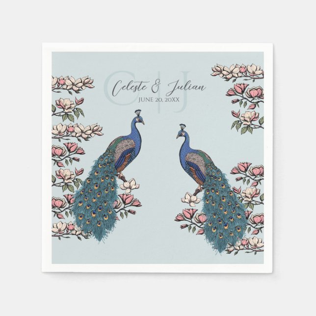 Hellblau Chic Türkis Pfau Hochzeit Serviette (Vorderseite)