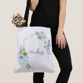 Hellblau-gelb-grüne Blütenblütenmonogramm Tasche