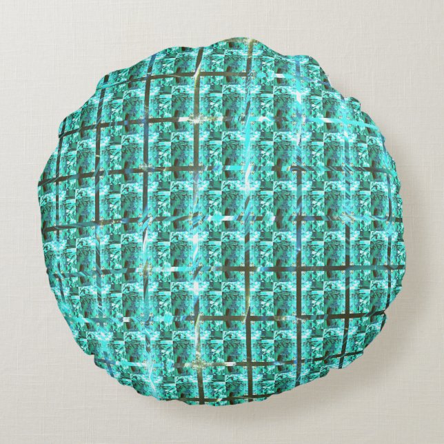 Hellblau glänzend, Quadrate oder Bild im Raster? Rundes Kissen (Rückseite)