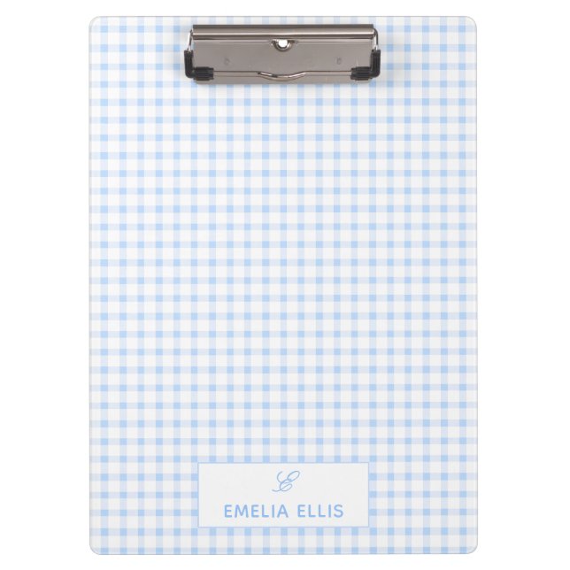 Hellblau kariert Klassisches Monogramm  Klemmbrett (Vorderseite)