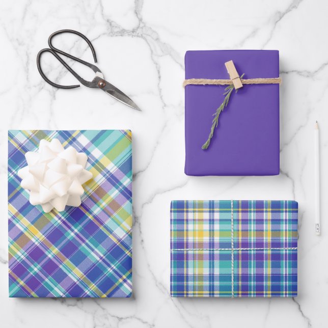 Hellblau, Lila, grün, gelb und weiß Kariert Geschenkpapier Set (Vorderseite)