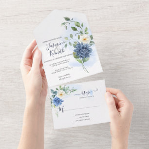 Hellblau, Marineblau, Winterweiß Aquarell Blumen A All In One Einladung