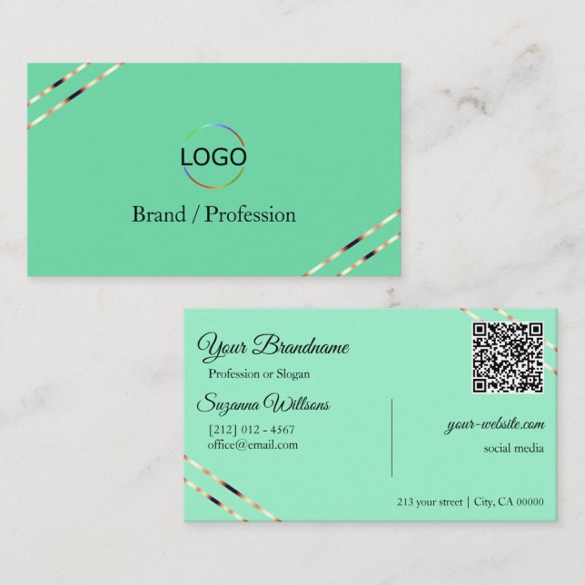 Hellblau mit Rosen-Gold-Linien-Logo und QR-Code Visitenkarte (Vorne/Hinten)