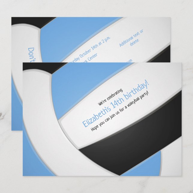 hellblau schwarz Volleyballmädchen Geburtstag Einladung (Vorne/Hinten)