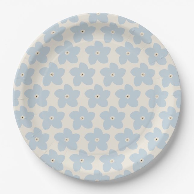 Hellblau und cremefarbene Retro-Blume Pappteller (Vorderseite)