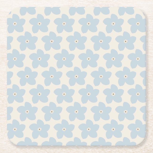 Hellblau und cremefarbene Retro-Blume Rechteckiger Pappuntersetzer (Vorderseite)