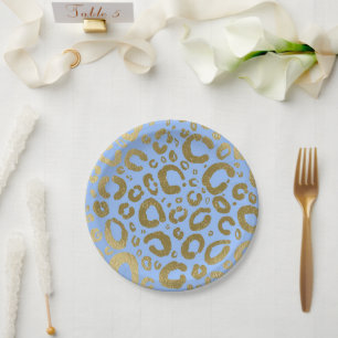 Hellblau und Gold Glam Leopardenprint Party Pappteller