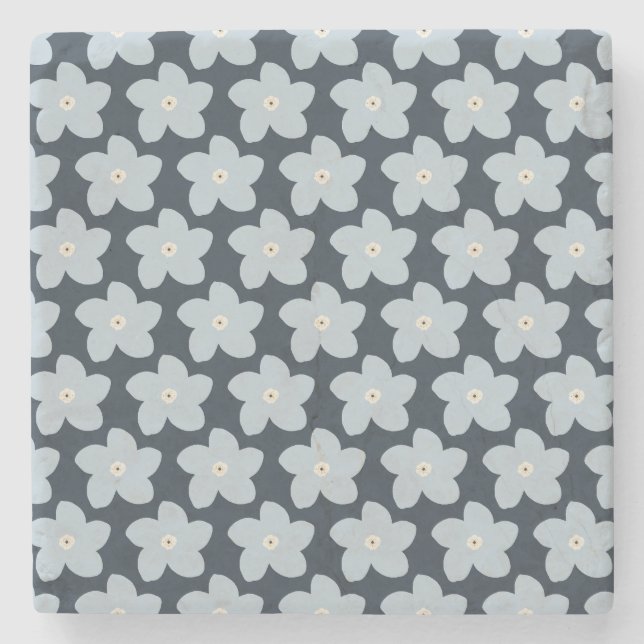 Hellblau und marineblaue Retro-Blume Steinuntersetzer (Vorderseite)