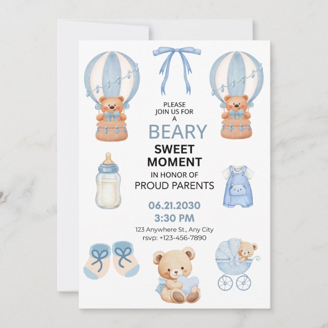 HELLBLAU WEIß 5X7 BÄR JUNGE BABY SHOWER SAVE THE DATE (Vorderseite)