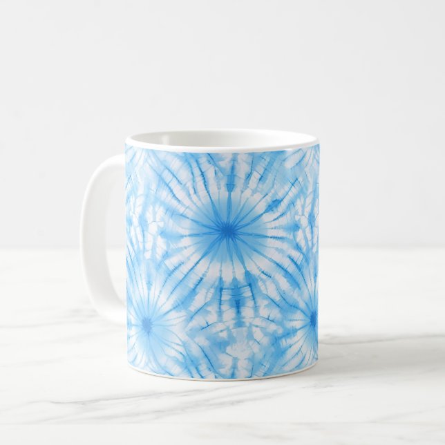 Hellblau Weiß Tie Dye Kaffeetasse (Vorderseite Links)