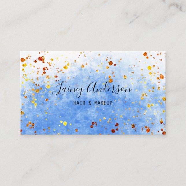 Hellblaue Aquarellfarben Imitat Goldfolie Glitzer Visitenkarte (Vorderseite)