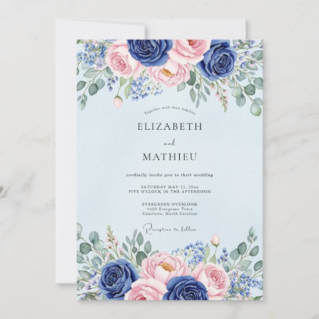 Hellblaue blühende botanische Hochzeit Einladung (Vorderseite)