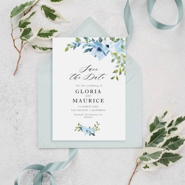 Hellblaue Blumen Hochzeit speichern Sie das Datum Save The Date (Von Creator hochgeladen)