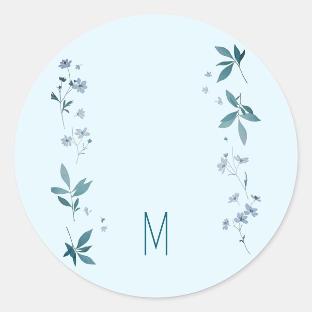Hellblaue Blumen und Blätter Runder Aufkleber (Vorderseite)