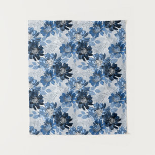 Hellblaue, dunkelblaue Blume auf hellgrau Wandteppich