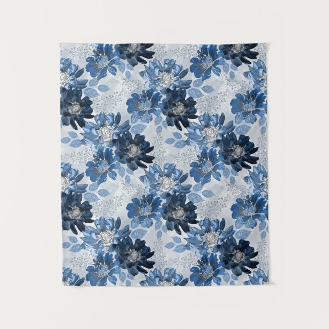 Hellblaue, dunkelblaue Blume auf hellgrau Wandteppich (Vorderseite)