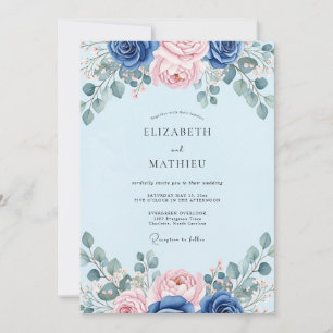 Hellblaue elegante botanische Hochzeit Einladung