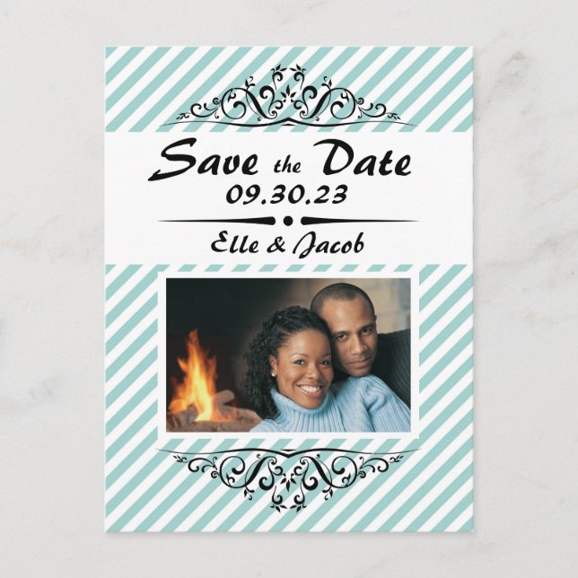 Hellblaue, gestreifte Save the Date Postkarte (Vorderseite)