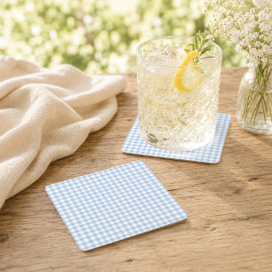 Hellblaue Gingham-Baby-Shower-Getränke Rechteckiger Pappuntersetzer