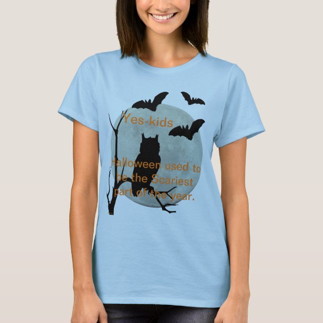 Hellblaue Halloween-Owl & Bats T-Shirt (Vorderseite)