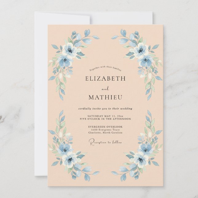 Hellblaue Hochzeit mit Blumen Einladung (Vorderseite)