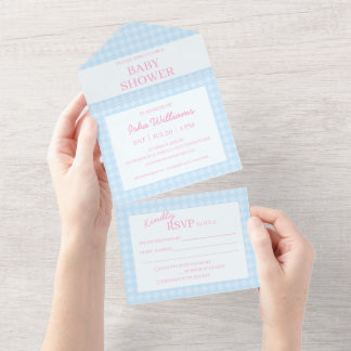 Hellblaue rosa Babyparty-Einladung in einem All In One Einladung