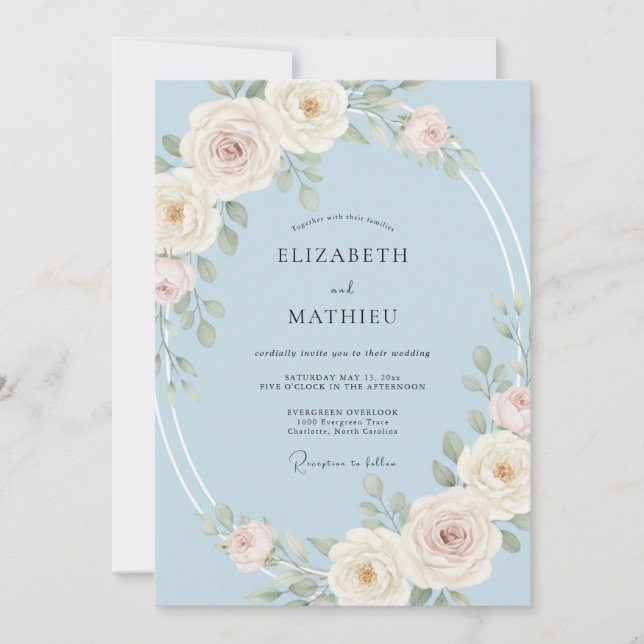 Hellblaue ruhige Rosenhochzeit Einladung (Vorderseite)