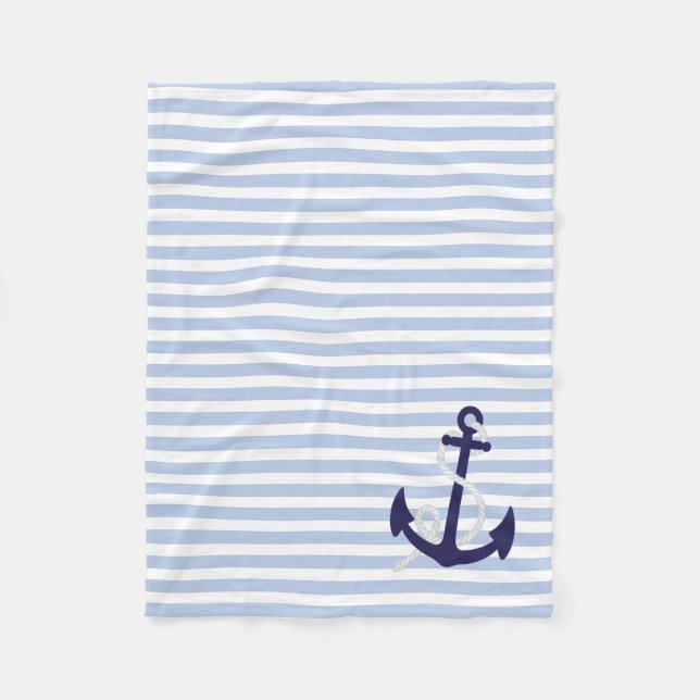 Hellblaue Seestreifen mit Marine-Blau-Anker Fleecedecke (Vorderseite)