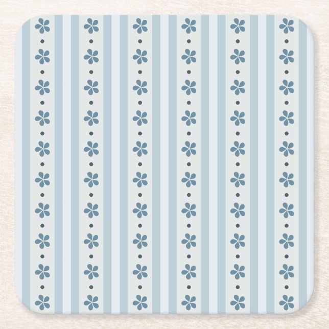 Hellblaue Streifen und Blumen Rechteckiger Pappuntersetzer (Vorderseite)
