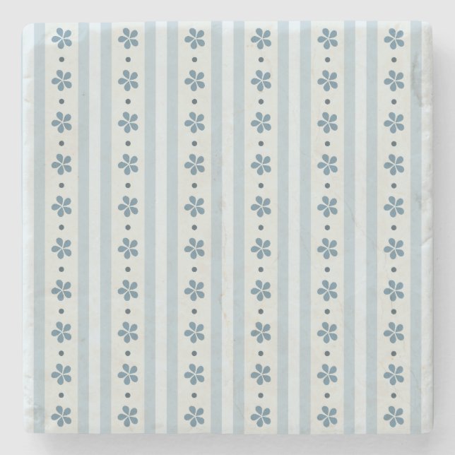Hellblaue Streifen und Blumen Steinuntersetzer (Vorderseite)