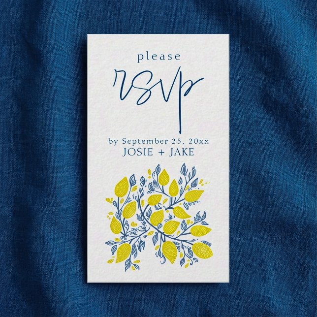 Hellblaue und gelbe Zitronenweine uAwg Begleitkarte (Bright blue and yellow lemon vines rsvp enclosure card.)