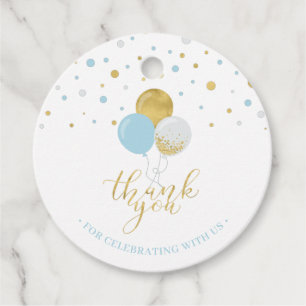 Hellblaue und goldene Luftballons Einer 1. Junge Geschenkanhänger